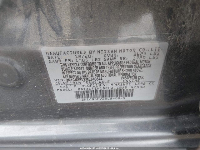 Продаж на аукціоні авто 2021 Nissan Versa Sv Xtronic Cvt, vin: 3N1CN8EV2ML840844, номер лоту: 45024260