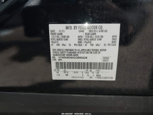 2016 Ford Explorer Xlt მანქანა იყიდება აუქციონზე, vin: 1FM5K8D80GGB60228, აუქციონის ნომერი: 45024267