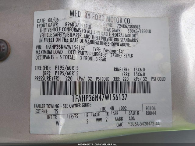 2007 Ford Focus Se/ses მანქანა იყიდება აუქციონზე, vin: 1FAHP36N47W156137, აუქციონის ნომერი: 45024272