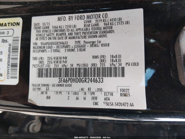 2016 Ford Fusion Se მანქანა იყიდება აუქციონზე, vin: 3FA6P0HD0GR244633, აუქციონის ნომერი: 45024273