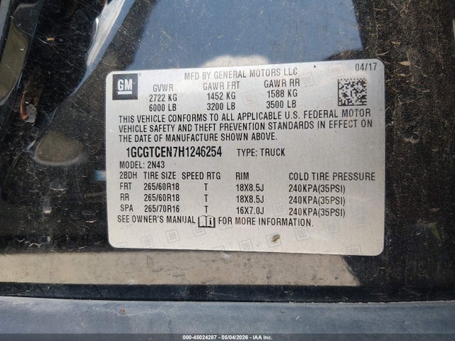 45024287 :رقم المزاد ، 1GCGTCEN7H1246254 vin ، 2017 Chevrolet Colorado Lt مزاد بيع