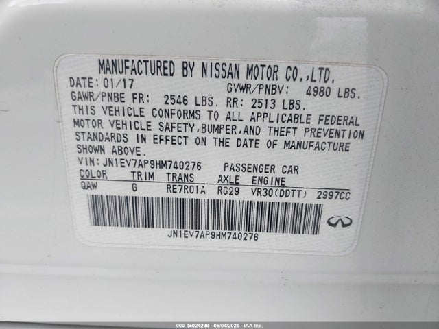 2017 Infiniti Q50 3.0t Premium მანქანა იყიდება აუქციონზე, vin: JN1EV7AP9HM740276, აუქციონის ნომერი: 45024299