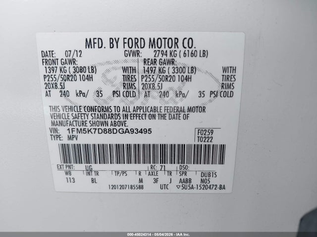 45024314 :رقم المزاد ، 1FM5K7D88DGA93495 vin ، 2013 Ford Explorer Xlt مزاد بيع