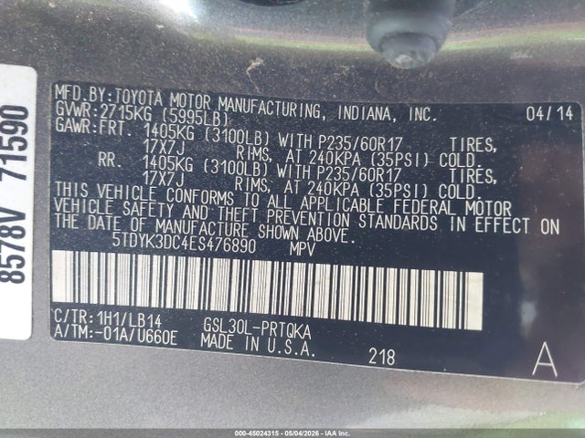 Продажа на аукционе авто 2014 Toyota Sienna Xle V6 8 Passenger, vin: 5TDYK3DC4ES476890, номер лота: 45024315