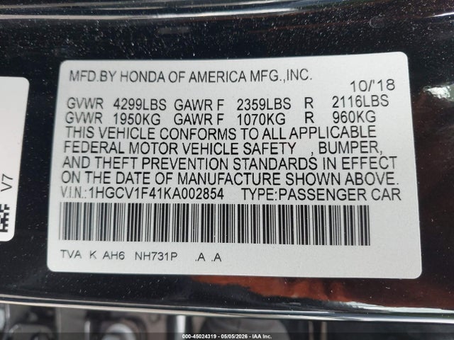 Honda ACCORD EX 2019 1HGCV1F41KA002854 Image 9