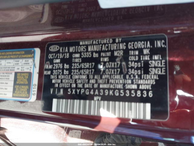 KIA Sorento 2.4l Lx 2019 5XYPG4A39KG535836 Image 9