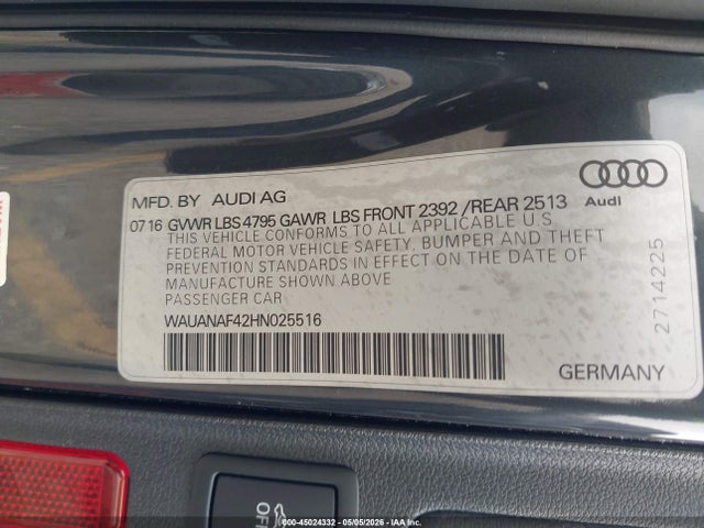 45024332 :رقم المزاد ، WAUANAF42HN025516 vin ، 2017 Audi A4 2.0t Premium مزاد بيع