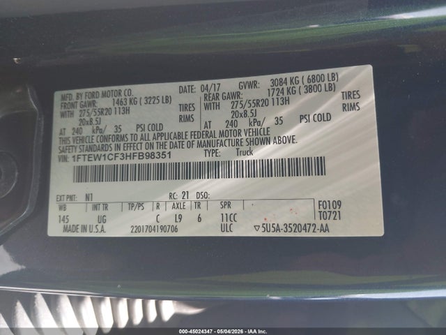 2017 Ford F-150 Xlt მანქანა იყიდება აუქციონზე, vin: 1FTEW1CF3HFB98351, აუქციონის ნომერი: 45024347