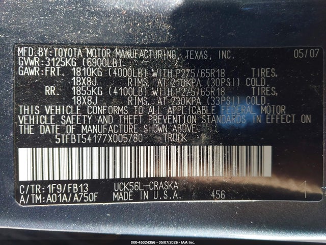 45024356 :رقم المزاد ، 5TFBT54177X005780 vin ، 2007 Toyota Tundra Sr5 4.7l V8 مزاد بيع