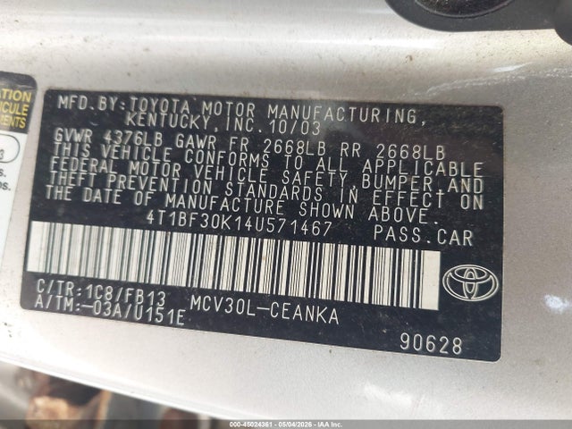 Aukcja sprzedaży 2004 Toyota Camry Le V6, vin: 4T1BF30K14U571467, numer aukcji: 45024361