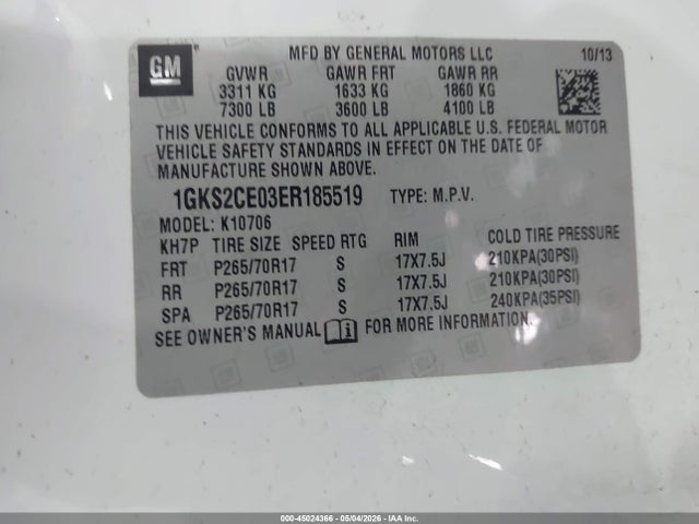 Aukcja sprzedaży 2014 Gmc Yukon Slt, vin: 1GKS2CE03ER185519, numer aukcji: 45024366
