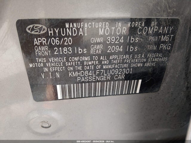45024367 :رقم المزاد ، KMHD84LF7LU092301 vin ، 2020 Hyundai Elantra Sel مزاد بيع