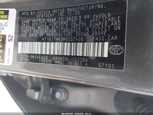 45024368 :رقم المزاد ، 4T1G11AK9MU537428 vin ، 2021 Toyota Camry Se مزاد بيع