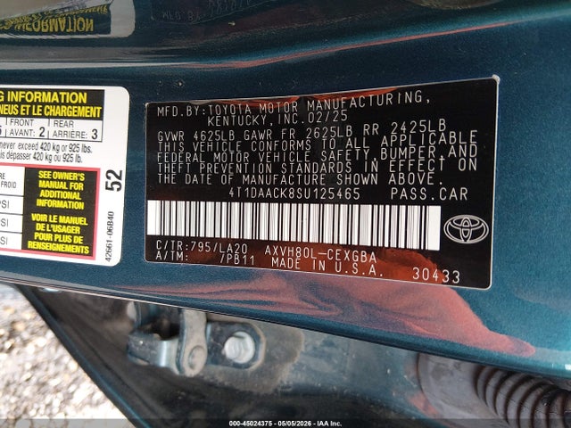 Aukcja sprzedaży 2025 Toyota Camry Xle, vin: 4T1DAACK8SU125465, numer aukcji: 45024375