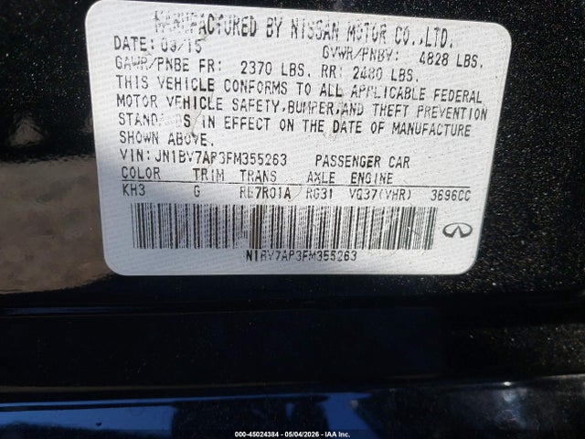 2015 Infiniti Q50 Premium მანქანა იყიდება აუქციონზე, vin: JN1BV7AP3FM355263, აუქციონის ნომერი: 45024384