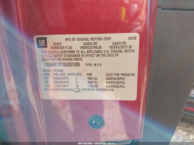 45024400 :رقم المزاد ، 1GKER13718J297428 vin ، 2008 Gmc Acadia Sle-1 مزاد بيع