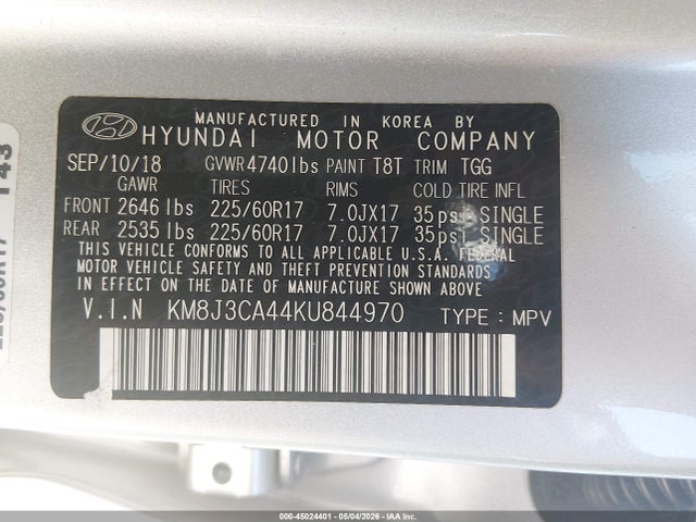 2019 Hyundai Tucson Value მანქანა იყიდება აუქციონზე, vin: KM8J3CA44KU844970, აუქციონის ნომერი: 45024401