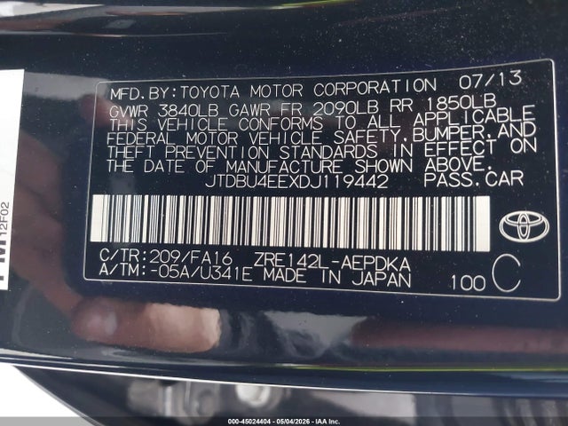 45024404 :رقم المزاد ، JTDBU4EEXDJ119442 vin ، 2013 Toyota Corolla L مزاد بيع