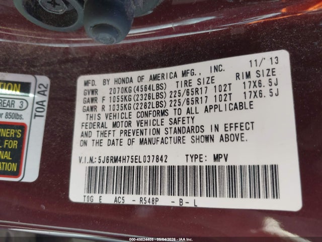 5J6RM4H75EL037842 Honda Cr-v Ex-l