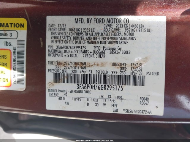 Продаж на аукціоні авто 2016 Ford Fusion Se, vin: 3FA6P0H76GR295175, номер лоту: 45024406
