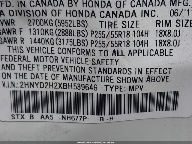 Продаж на аукціоні авто 2011 Acura Mdx, vin: 2HNYD2H2XBH539646, номер лоту: 45024408