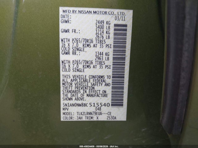 2011 Nissan Xterra S მანქანა იყიდება აუქციონზე, vin: 5N1AN0NW8BC515540, აუქციონის ნომერი: 45024409