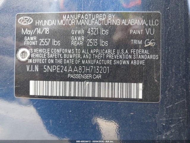 Продаж на аукціоні авто 2018 Hyundai Sonata Eco, vin: 5NPE24AA8JH713201, номер лоту: 45024412