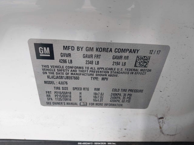 2018 Buick Encore Preferred მანქანა იყიდება აუქციონზე, vin: KL4CJASB1JB597660, აუქციონის ნომერი: 45024413