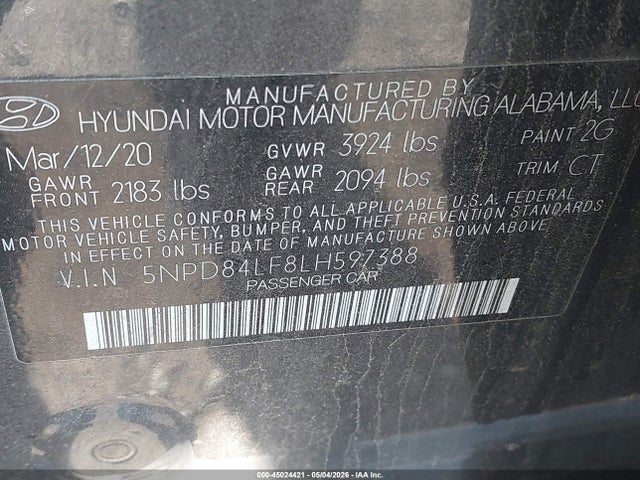 Aukcja sprzedaży 2020 Hyundai Elantra Sel, vin: 5NPD84LF8LH597388, numer aukcji: 45024421