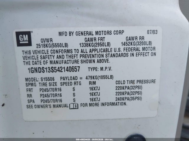 Продаж на аукціоні авто 2004 Chevrolet Trailblazer Ls, vin: 1GNDS13S542140657, номер лоту: 45024420