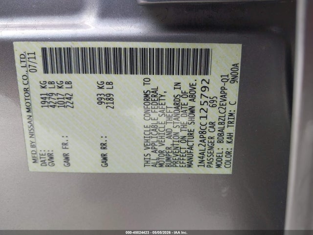 Aukcja sprzedaży 2012 Nissan Altima 2.5 S, vin: 1N4AL2AP8CC125792, numer aukcji: 45024423