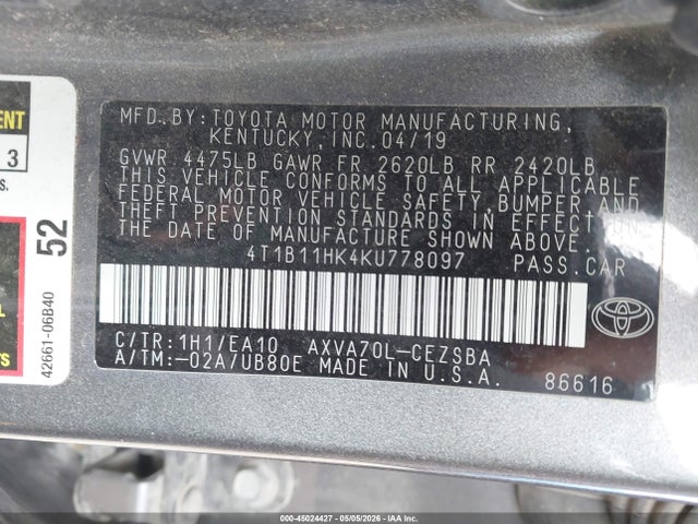 4T1B11HK4KU778097 Toyota CAMRY SE
