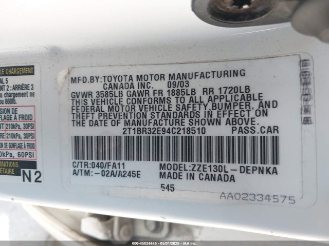 Продаж на аукціоні авто 2004 Toyota Corolla Le, vin: 2T1BR32E94C218510, номер лоту: 45024445