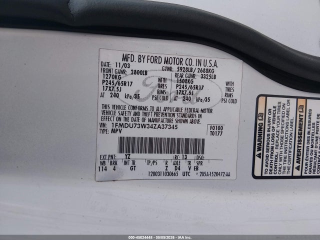 Aukcja sprzedaży 2004 Ford Explorer Nbx/xlt, vin: 1FMDU73W34ZA37345, numer aukcji: 45024448