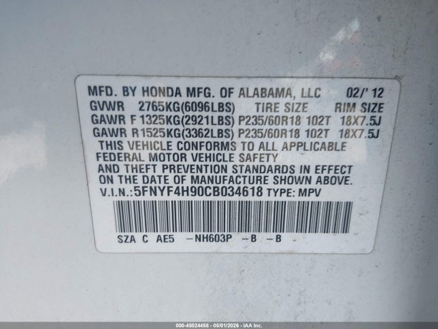 Aukcja sprzedaży 2012 Honda Pilot Touring, vin: 5FNYF4H90CB034618, numer aukcji: 45024458