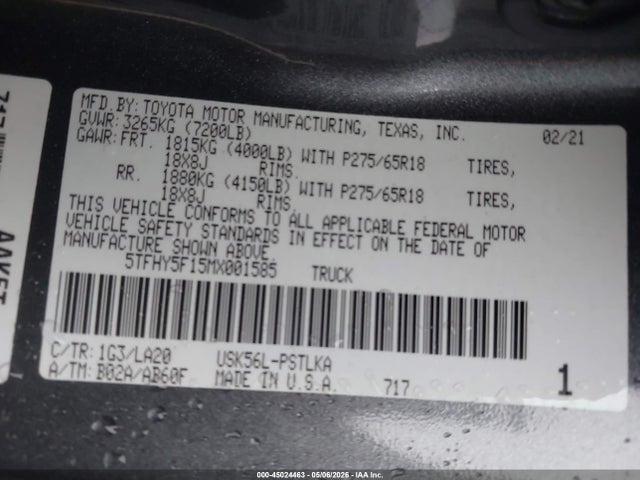 Продажа на аукционе авто 2021 Toyota Tundra Limited, vin: 5TFHY5F15MX001585, номер лота: 45024463