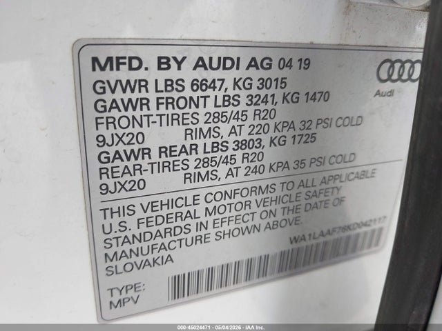 Aukcja sprzedaży 2019 Audi Q7 55 Premium, vin: WA1LAAF76KD042117, numer aukcji: 45024471