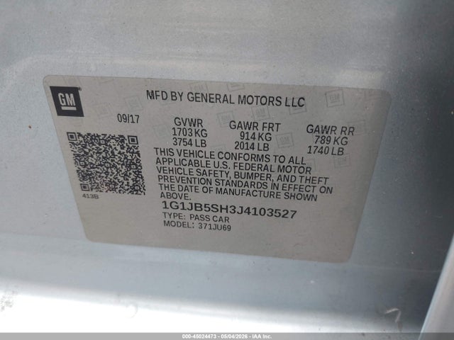 Продаж на аукціоні авто 2018 Chevrolet Sonic Ls Auto, vin: 1G1JB5SH3J4103527, номер лоту: 45024473