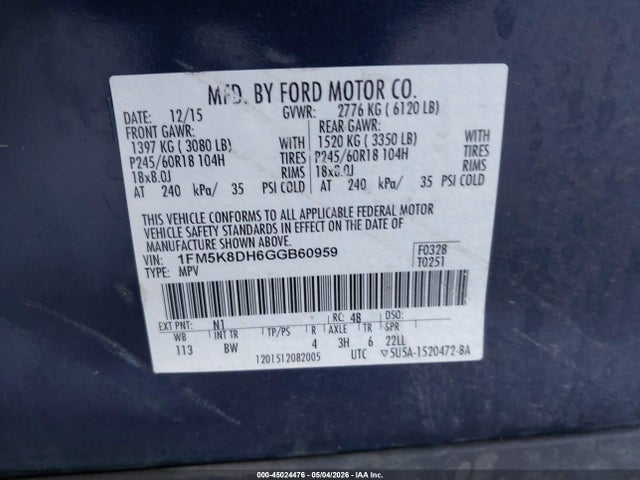 2016 Ford Explorer Xlt მანქანა იყიდება აუქციონზე, vin: 1FM5K8DH6GGB60959, აუქციონის ნომერი: 45024476