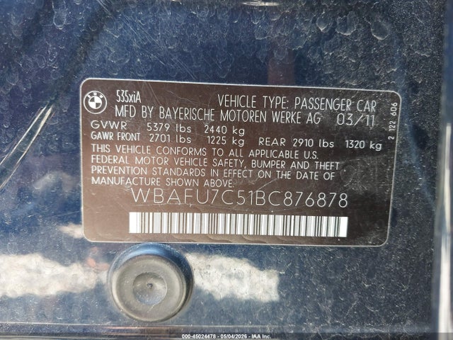 45024478 :رقم المزاد ، WBAFU7C51BC876878 vin ، 2011 Bmw 535i Xdrive مزاد بيع