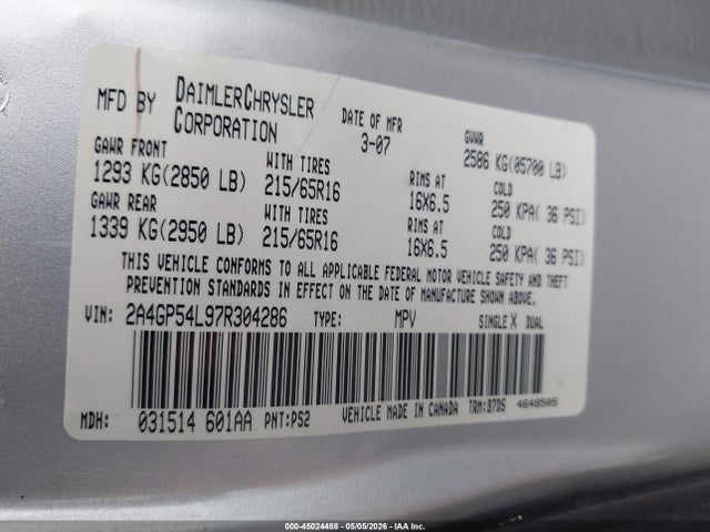 Продаж на аукціоні авто 2007 Chrysler Town & Country Touring, vin: 2A4GP54L97R304286, номер лоту: 45024488