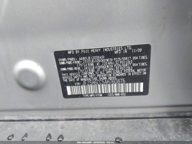 45024496 :رقم المزاد ، JF2SH6CC5AH760875 vin ، 2010 Subaru Forester 2.5x Premium مزاد بيع