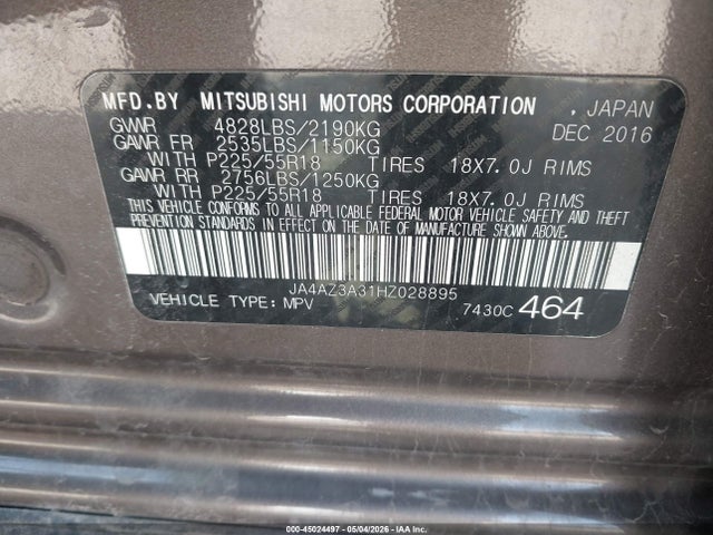 Aukcja sprzedaży 2017 Mitsubishi Outlander Se/sel, vin: JA4AZ3A31HZ028895, numer aukcji: 45024497