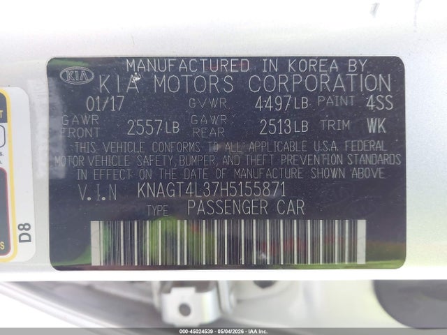 KNAGT4L37H5155871 KIA Optima Lx