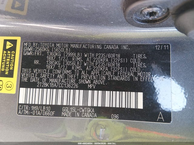 Aukcja sprzedaży 2012 Lexus Rx 350, vin: 2T2BK1BA7CC136226, numer aukcji: 45024554