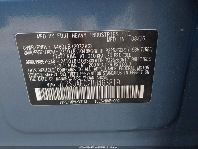 45024555 :رقم المزاد ، JF2SJAEC2HH463819 vin ، 2017 Subaru Forester 2.5i Premium مزاد بيع