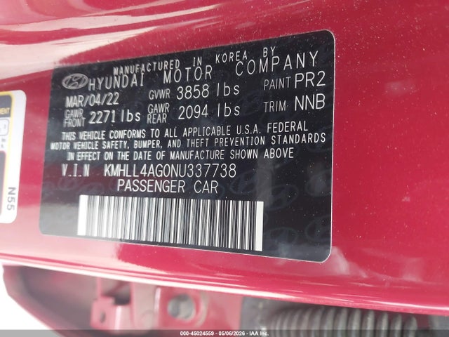 45024559 :رقم المزاد ، KMHLL4AG0NU337738 vin ، 2022 Hyundai Elantra Se مزاد بيع