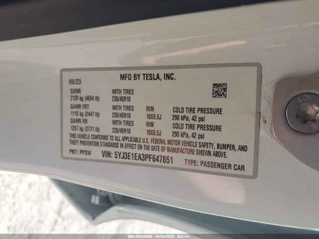 Aukcja sprzedaży 2023 Tesla Model 3 Rear-wheel Drive, vin: 5YJ3E1EA3PF647851, numer aukcji: 45024569