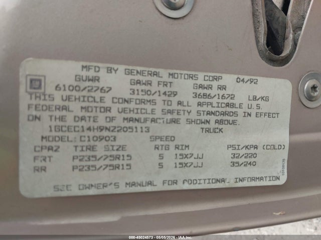 45024573 :رقم المزاد ، 1GCEC14H9NZ205113 vin ، 1992 Chevrolet Gmt-400 C1500 مزاد بيع