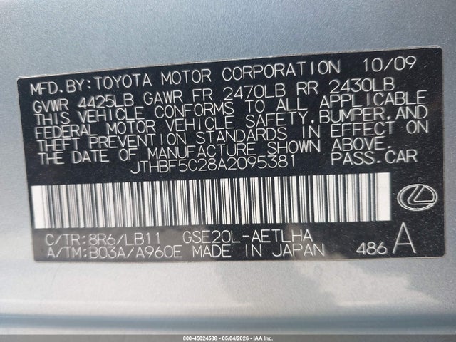 45024588 :رقم المزاد ، JTHBF5C28A2095381 vin ، 2010 Lexus Is 250 مزاد بيع